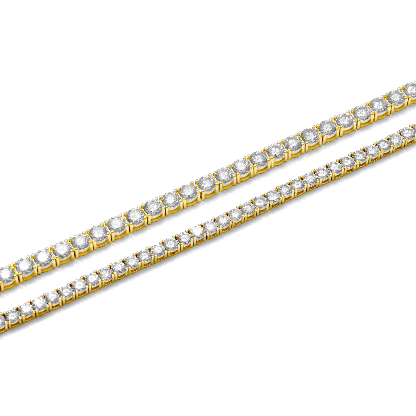 Gold tennis bracelets showing 3mm vs 4mm moissanite stone size comparison 
