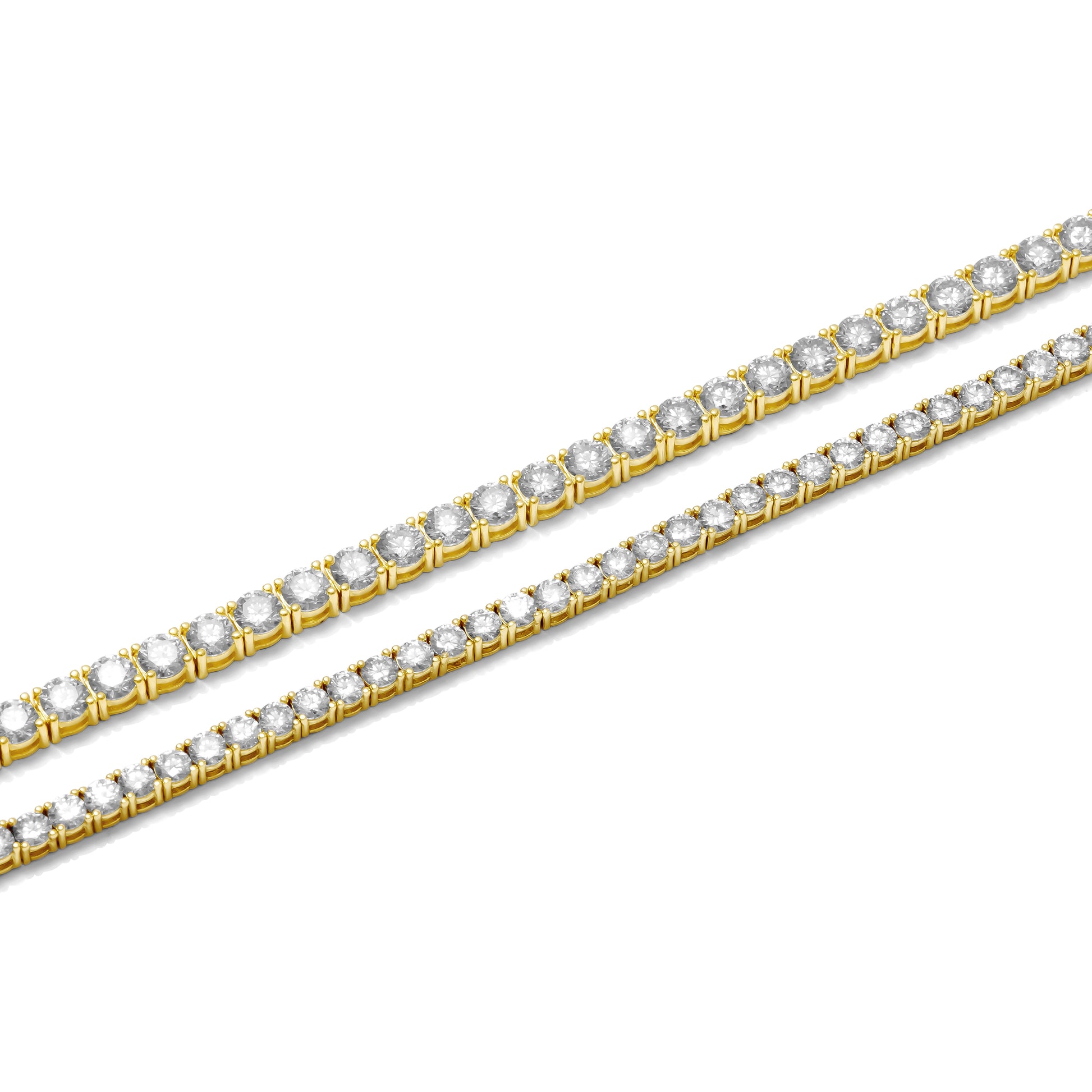 Gold tennis bracelets showing 3mm vs 4mm moissanite stone size comparison 